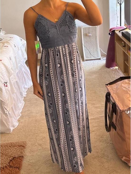 Derek Heart Dresses & Skirts - Derek Heart Blue Crochet Top Maxi Dress with Floral Stripe Skirt